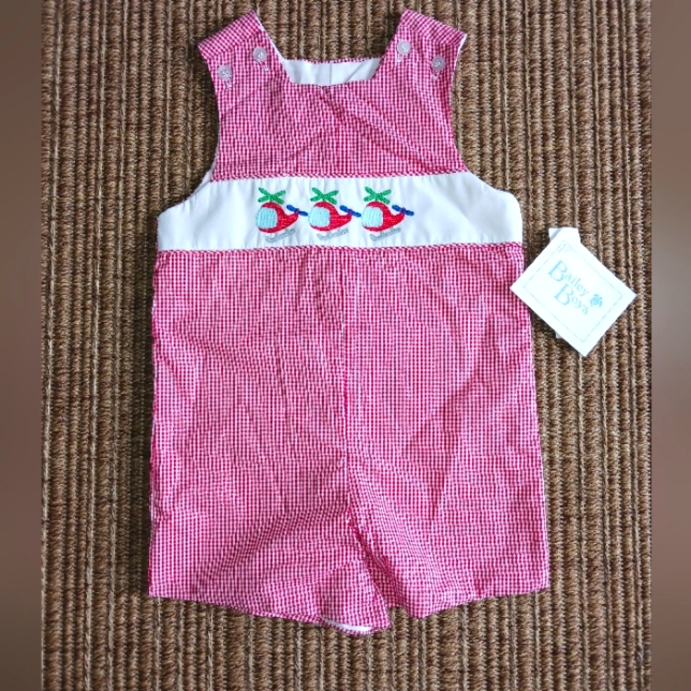 Bailey Boys Boutique Smocked Red Romper With Helicoptors 12 Months NWT